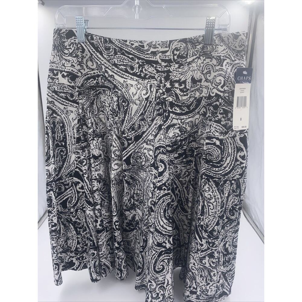 Chaps Women's Circle Skirt Size 8 Floral Paisley Black White 100% Cotton Zip Up
